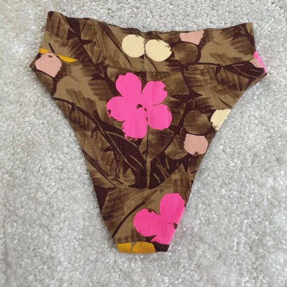 Aerie High Cut Cheeky Bikini Bottom Scoop Rib Top Set Brown Pink - Picture 5 of 14